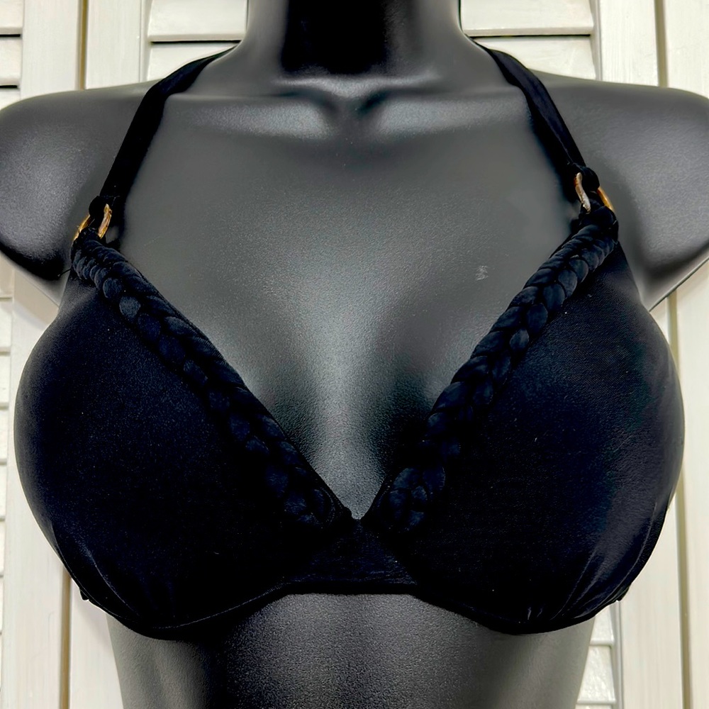 Xhilaration XL Black Braided Pleated Padded Necktie Back Strap Bathing Suit Top